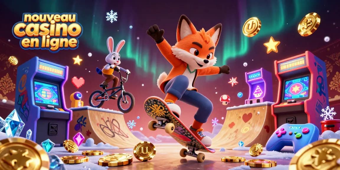 Visuel dynamique d'un nouveau casino en ligne avec un renard skateboard et un lapin BMX, symboles de jeu vibrants autour.