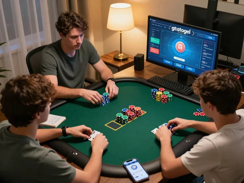 Players enjoying an intense online poker game on gtatogel, engaging with colorful chips and serious expressions.