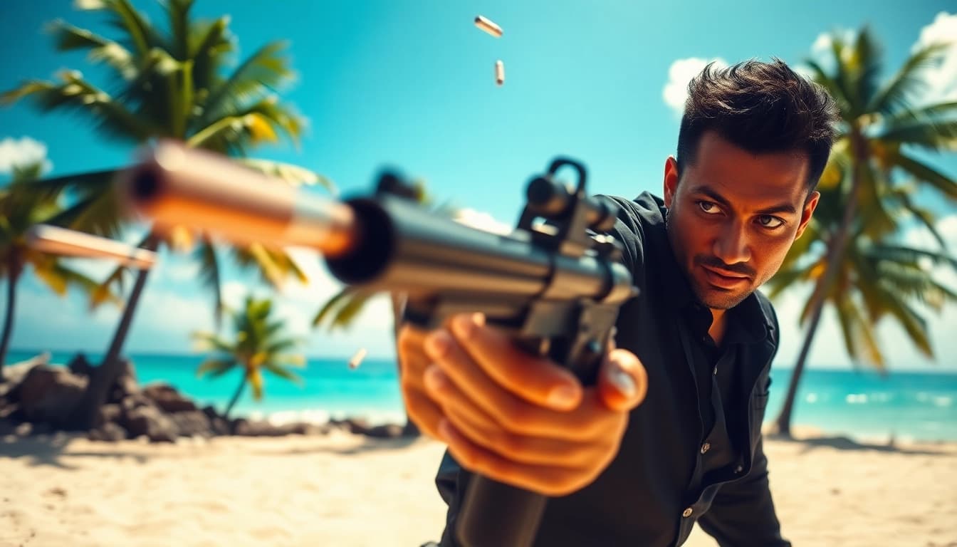 Action-packed moment from Aloha and Bullets featuring Leroy Silver on a tropical beach.