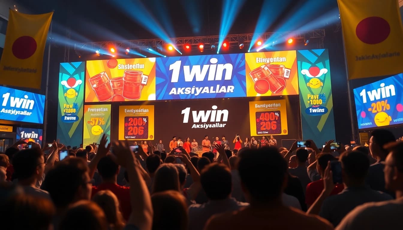 1win aksiyalar təqdim edən enerjili tədbir, izdihamın coşqun anları.