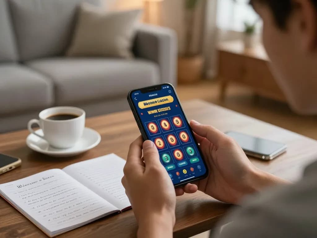 Player using nk88e casino app on smartphone, with strategy notes and coffee in cozy living room.