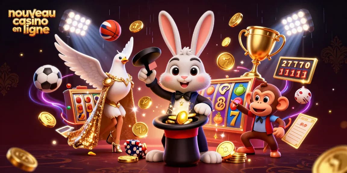 Illustration représentant un nouveau casino en ligne avec des personnages animés jouant aux machines à sous.