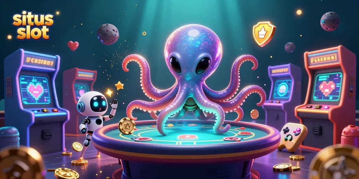 Engage in thrilling slots at the situs slot with a vibrant 3D illustration featuring a playful alien octopus.
