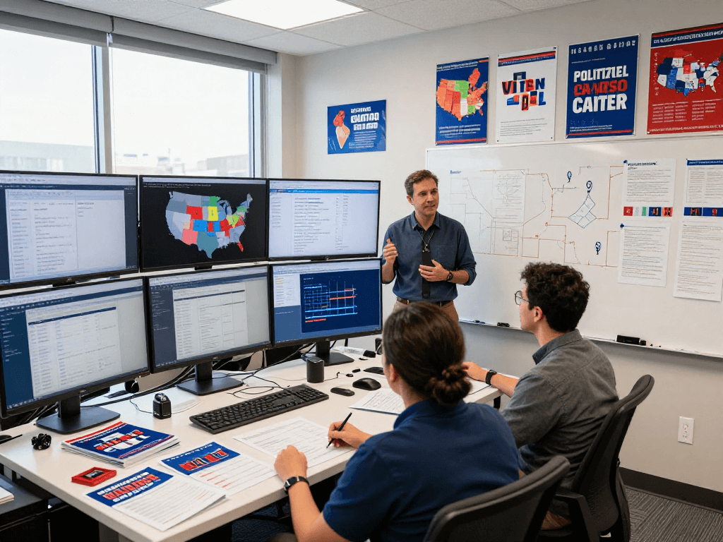 Engaging political campaign team performing a campaign lift study using comprehensive data analytics in 2026.