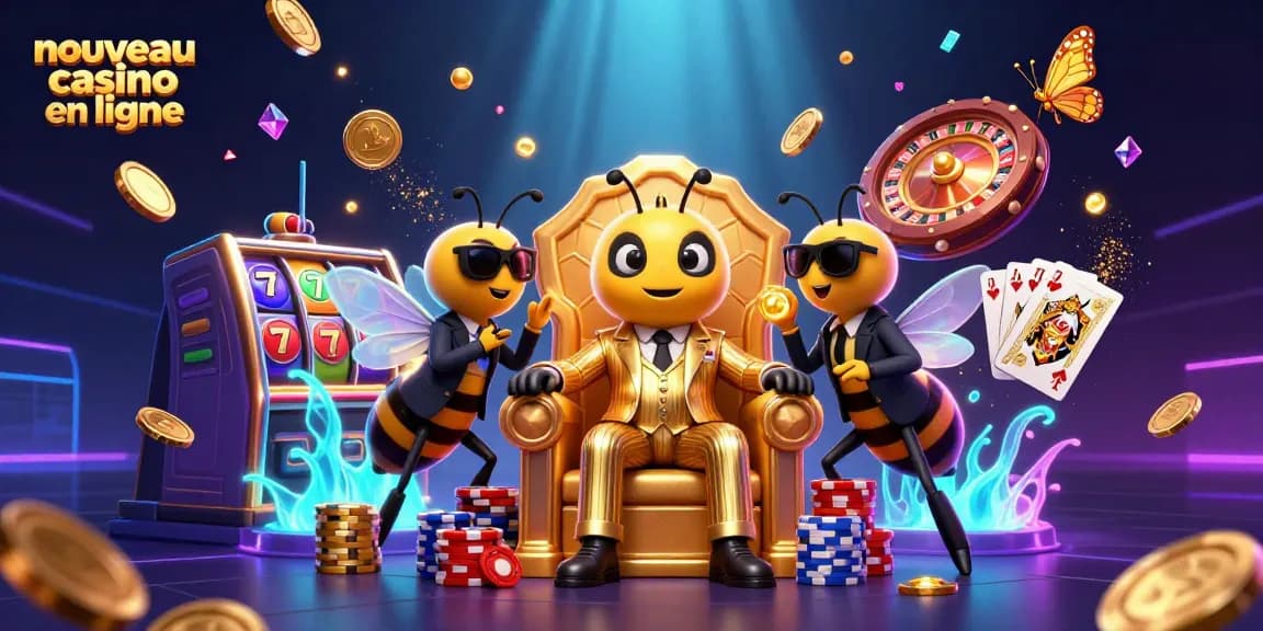 Gagnez avec le nouveau casino en ligne : illustration d'un boss de la mafia en costume doré et de jeux de casino.