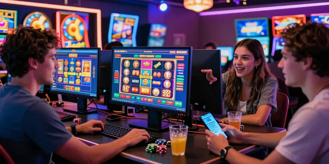 Friends enjoying slots where you can buy bonus in a vibrant online casino setup with engaging graphics.