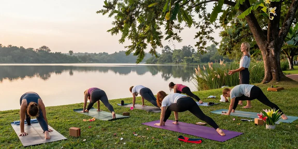 Group practicing Vinyasa yoga retreat Sri Lanka by serene lake in morning light