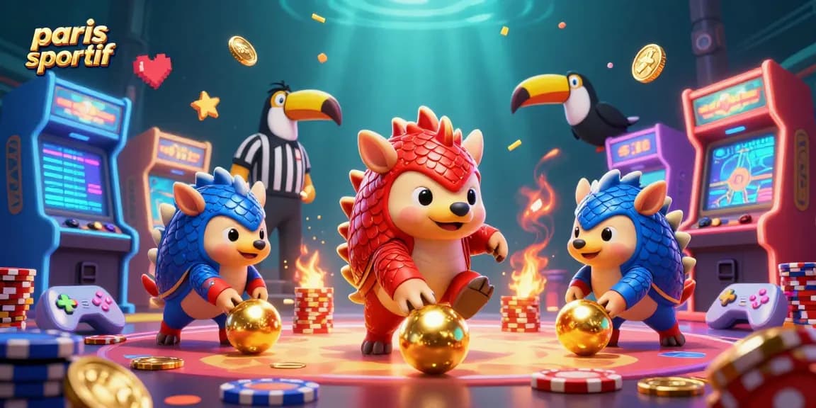 Les pangolins rivaux jouent au paris sportif, entourés de jeux et de jetons colorés.