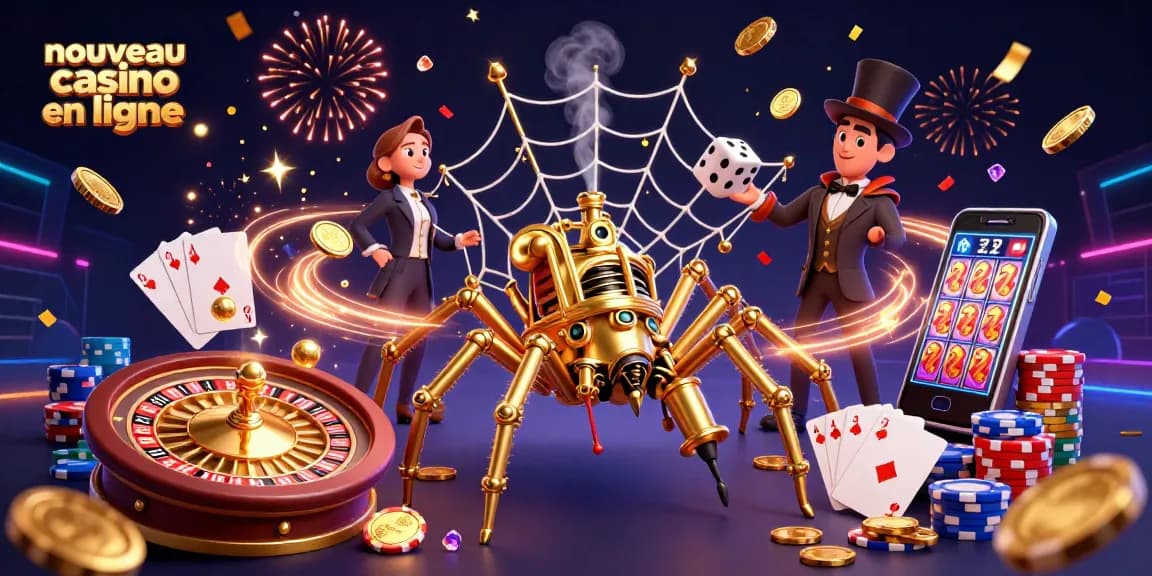 Illustration dynamique d'un nouveau casino en ligne, avec des éléments de jeu captivants.