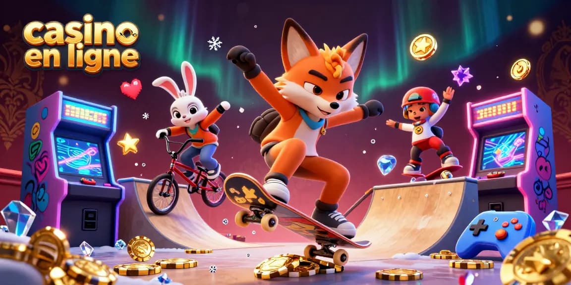 Illustration dynamique de casino en ligne avec un renard faisant un kickflip, inspirant les joueurs à gagner.
