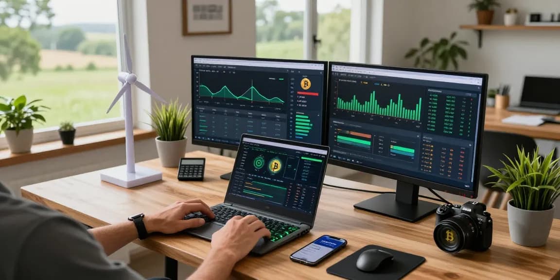 Sustainable bitcoin mining setup in an eco-friendly workspace with crypto data displays and renewable energy source.