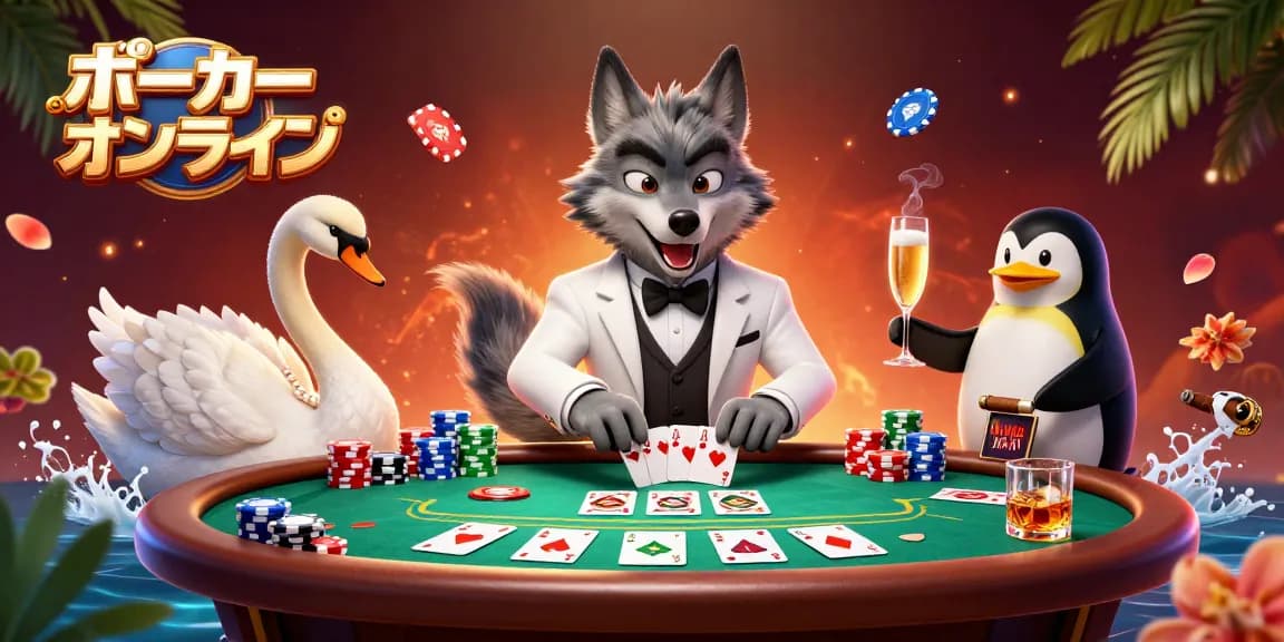 ポーカー オンラインのテーブルでディーラー役の白クジャクがカードを配り、狼とペンギンと共に楽しむシーン。