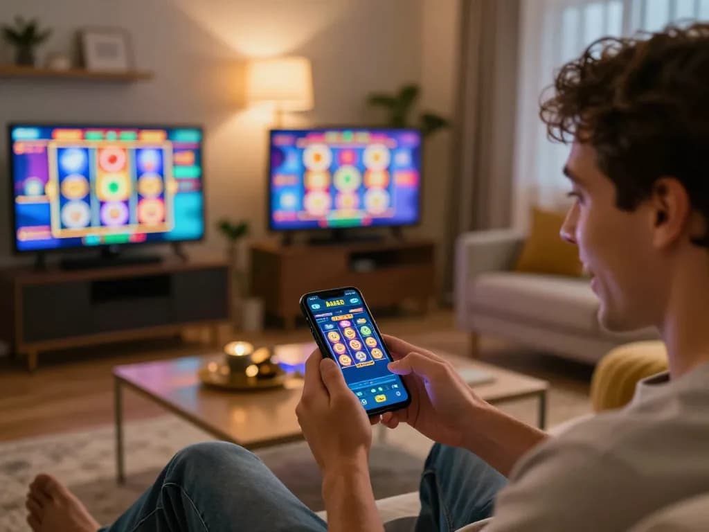 Engaging in casino non AAMS mobile gaming with excitement and vibrant slot screens in cozy home setting.