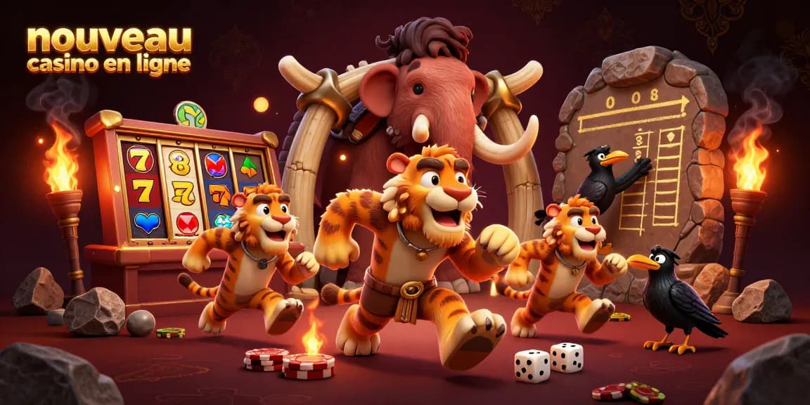 Gagnez dans le nouveau casino en ligne avec une scène dynamique de caveman, tigre et corbeau.