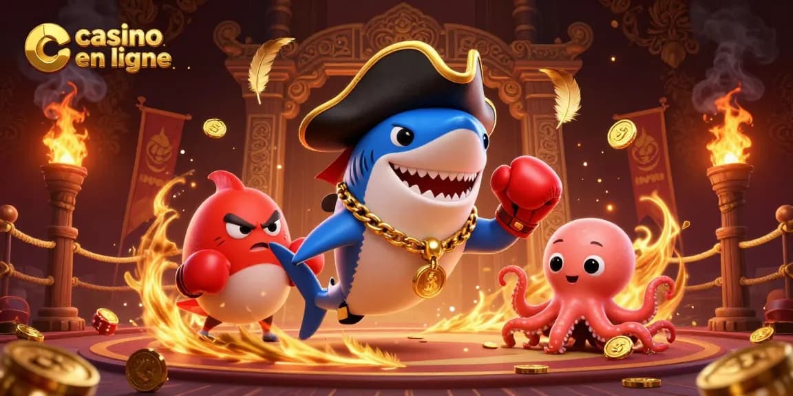 Découvrez le casino en ligne avec un requin pirate amusant, un poisson-globe et une pieuvre tenant des pièces d'or.