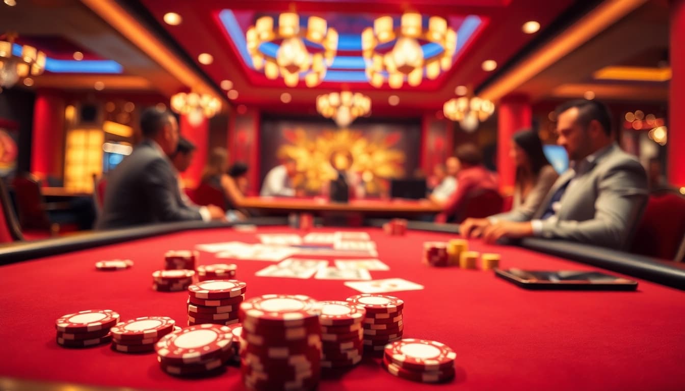 Menangkan hoki77 di meja permainan kasino yang elegan dengan chip dan kartu yang menyebar.