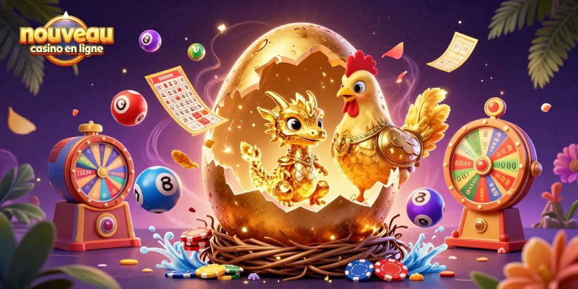 Visuel captivant d'un nouveau casino en ligne avec un œuf doré, un dragon en or et des jeux de loterie.