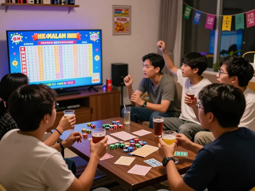 Exciting gathering of players watching HK Malam Ini live draw in a festive atmosphere, showcasing camaraderie and lottery excitement.