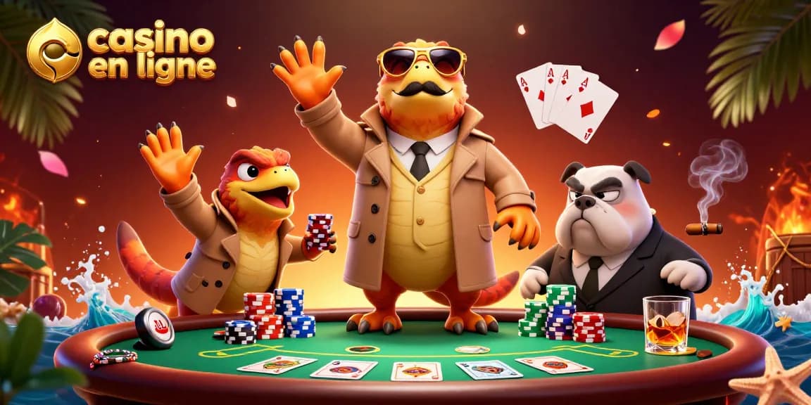Trois raptors en trench coat tentent d'entrer dans un casino en ligne vibrant