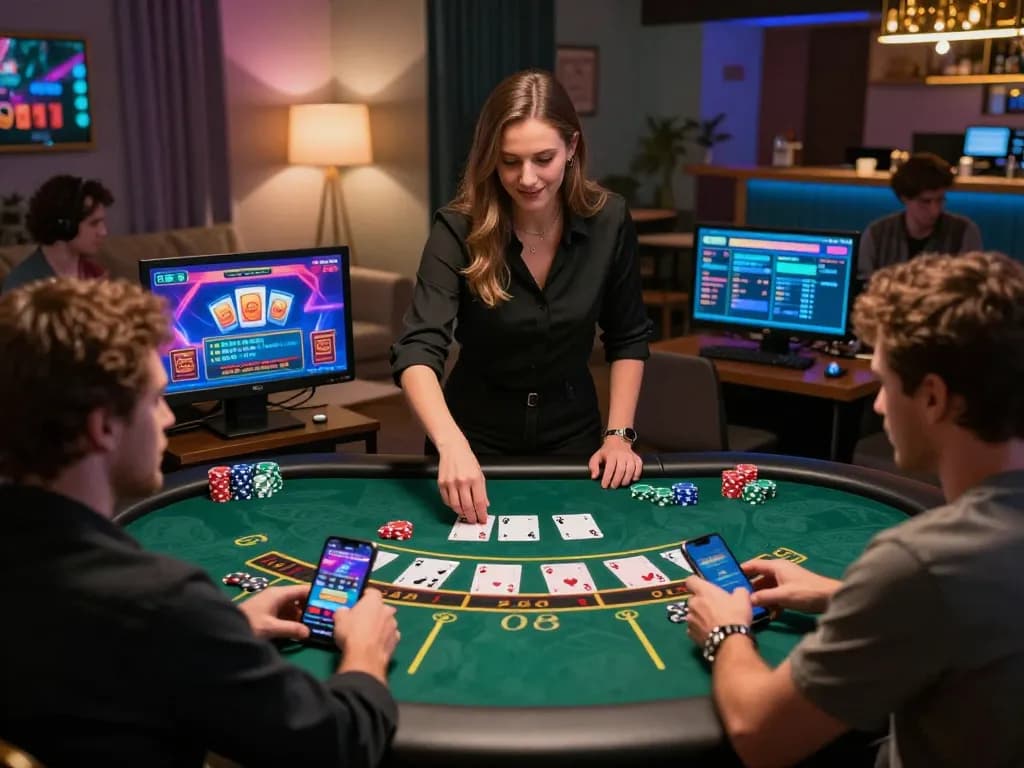 Engaging baccarat online game scene showcasing players and a dealer in a vibrant setting, highlighting the excitement of 바카라사이트.