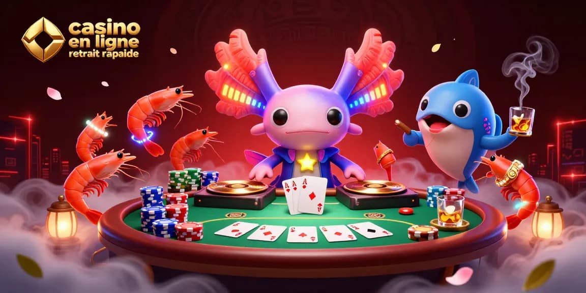 Le casino en ligne retrait rapide avec un axolotl DJ vibrant entouré de crevettes dansantes et un poisson-buffle, sur une scène pleine de jeux de poker.