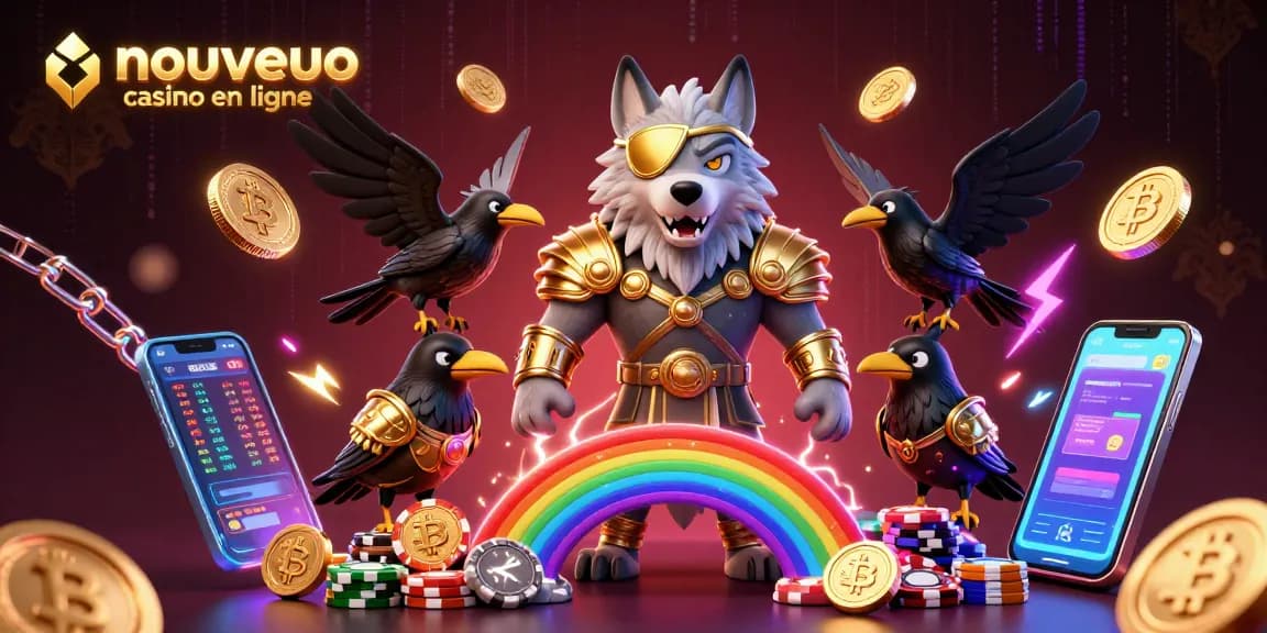 Illustration de casino numérique dynamique avec un loup Odin et des pièces crypto pour un nouveau casino en ligne