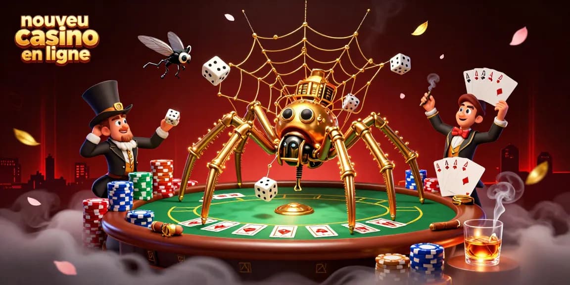 Plongez dans l'univers du nouveau casino en ligne avec une araignée dorée steampunk capturant les dés malchanceux.