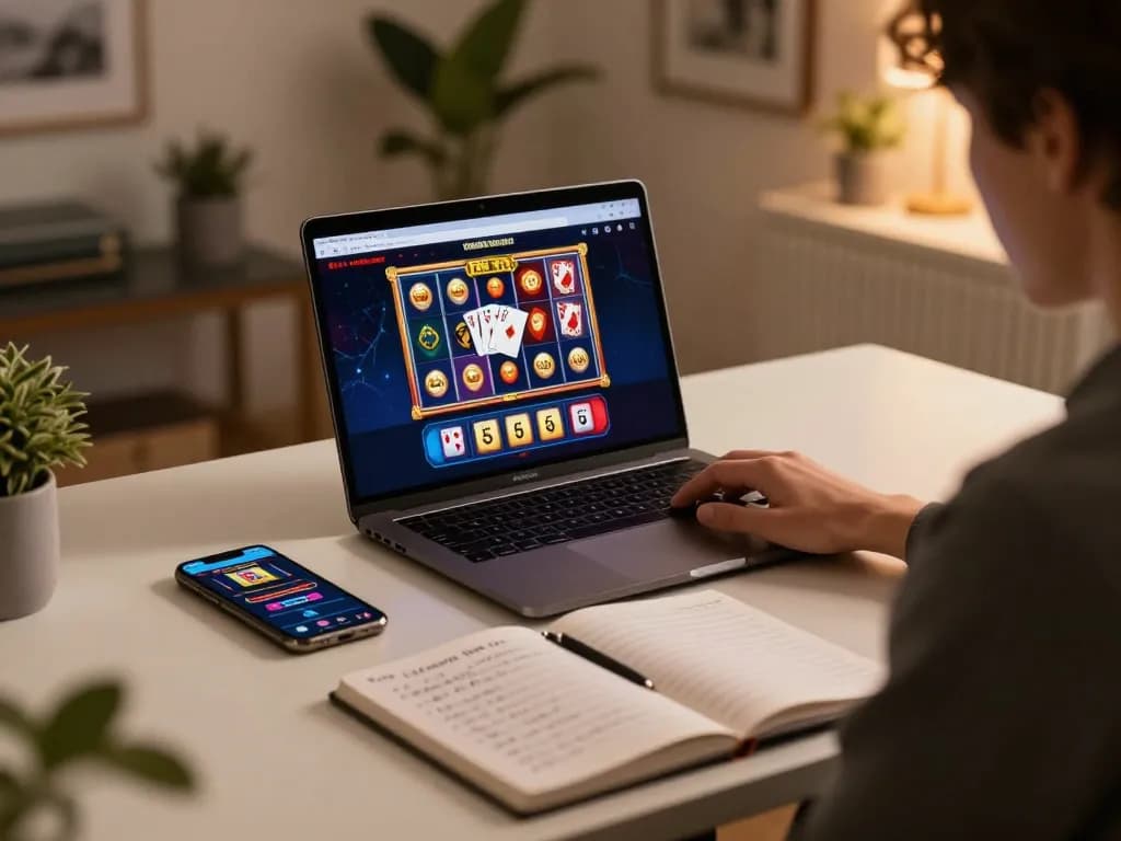 B52 online casino gaming setup with player strategically analyzing betting notes on laptop and mobile device.
