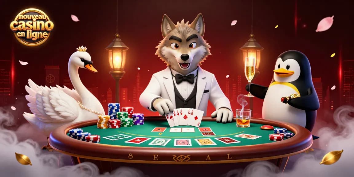 Jouer au nouveau casino en ligne avec un loup, un cygne et un pingouin dans un décor riche en couleurs.
