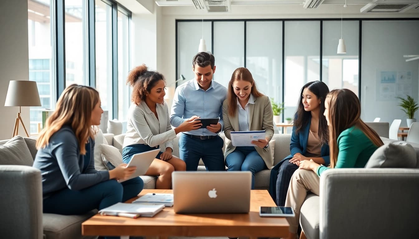 Engaged team discussing online marketing edmonton strategies in a modern office.