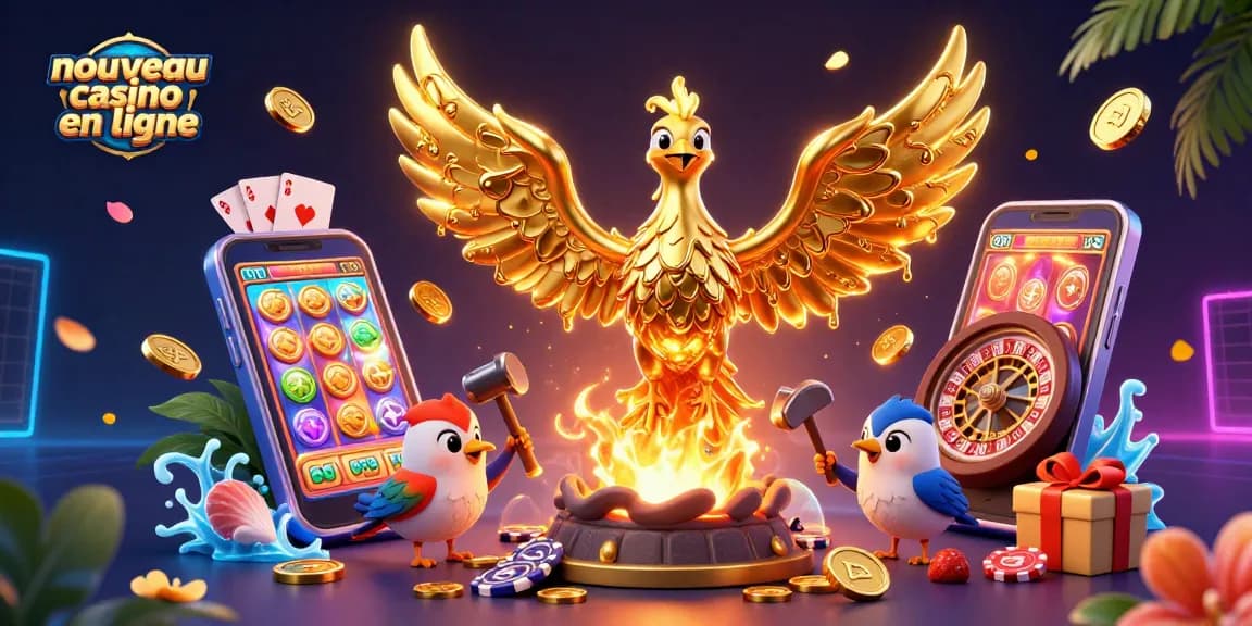 Découvrez le nouveau casino en ligne avec un phœnix doré émergeant d'un four, entouré de jeux et de pièces.