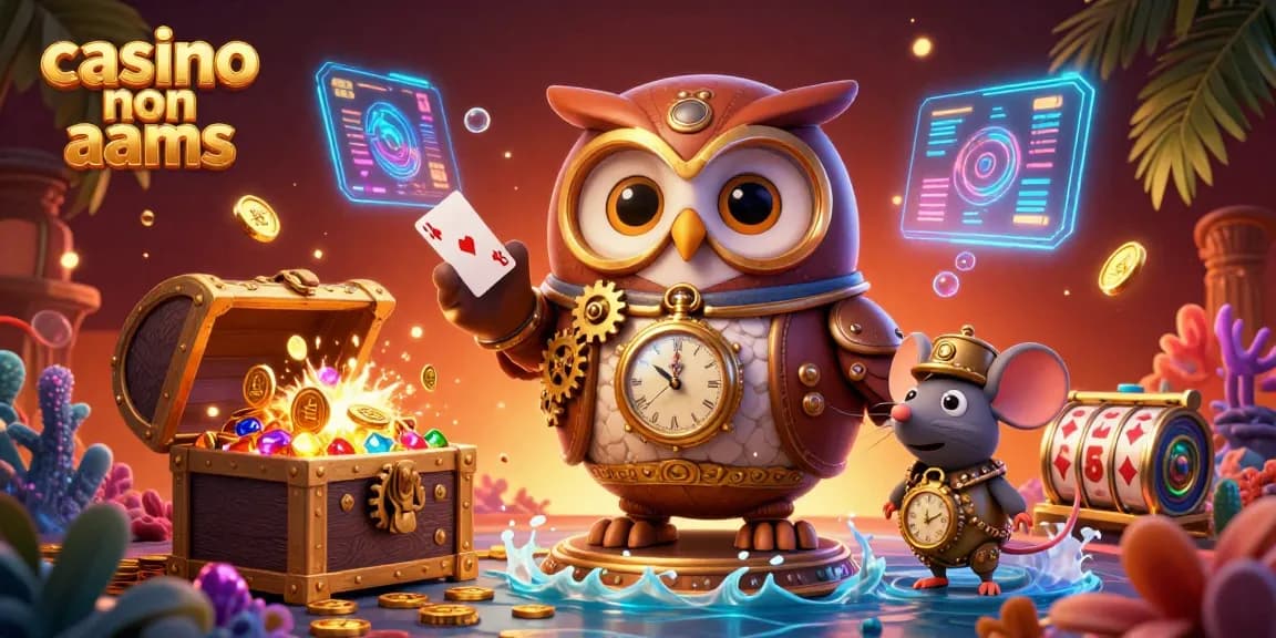 Interagisci con il vibrante mondo dei casino non AAMS attraverso una fantastica illustrazione 3D che presenta un gufo viaggiatore nel tempo e elementi di gioco.