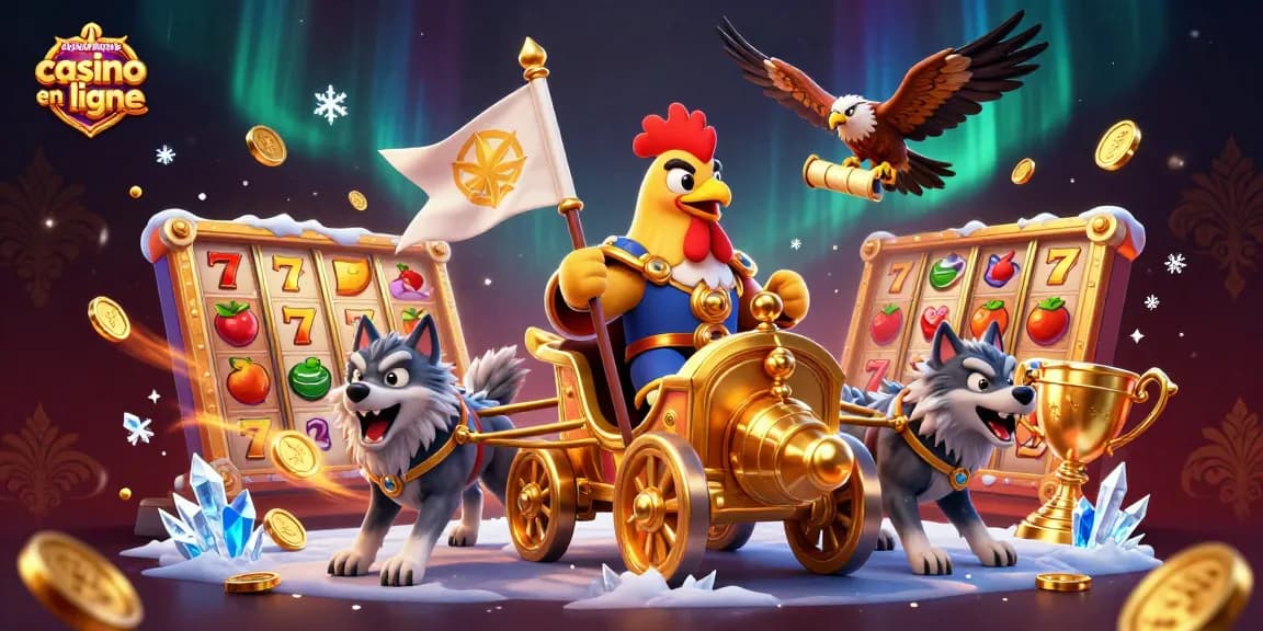 Illustration captivante des nouveaux casinos en ligne avec un roi coq et des éléments de machine à sous.