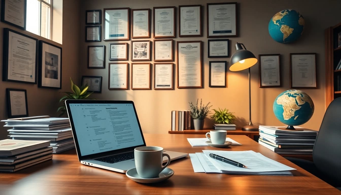 Cozy translator's workspace showcasing authorized translation documents and certificates.