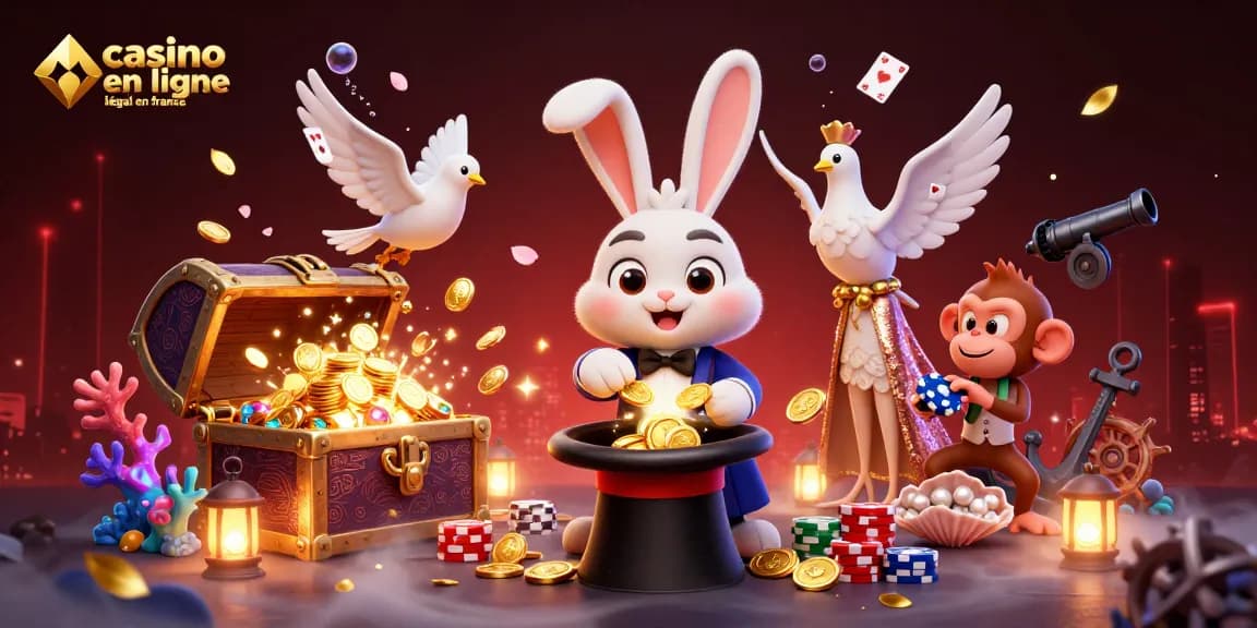 Jouer sur un casino en ligne légal en France avec une illustration magique de personnages de casino.