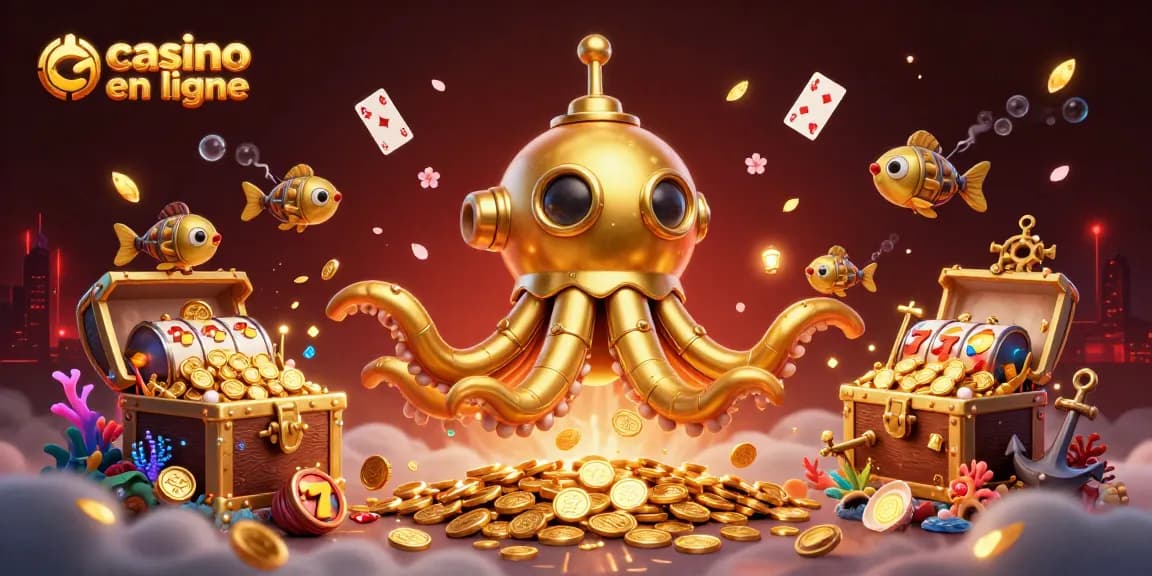 Jouez dans un casino en ligne fantastique avec un kraken doré entouré d'éléments de jeu captivants.