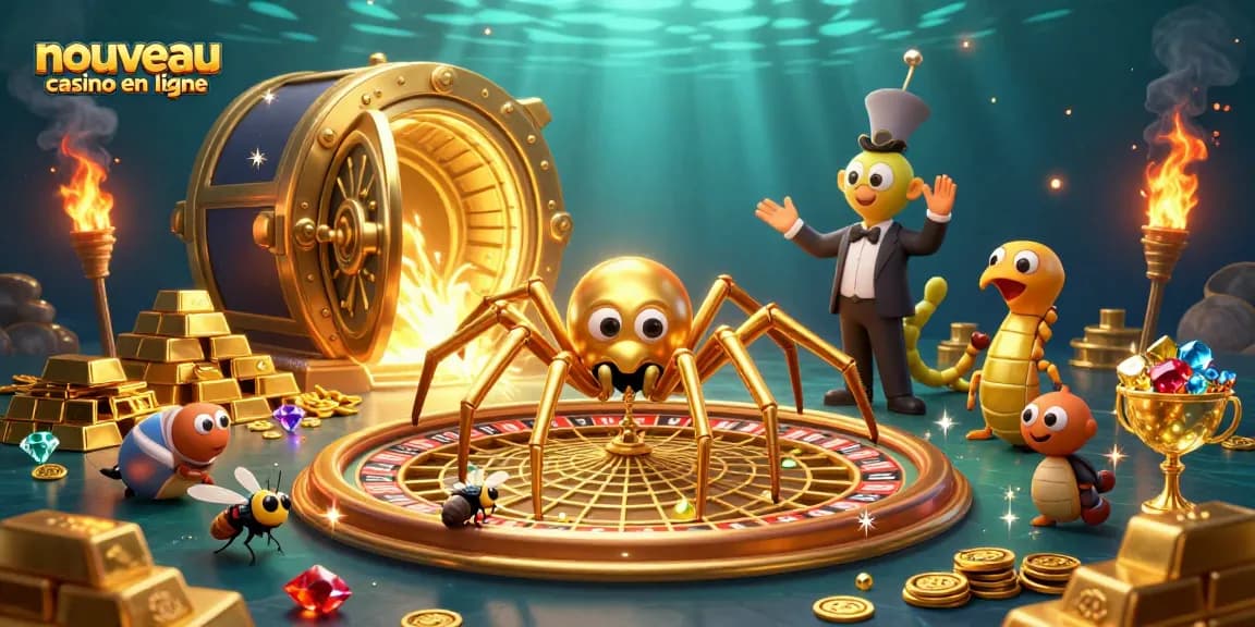 Placer vos paris au nouveau casino en ligne avec une araignée dorée et un croupier.