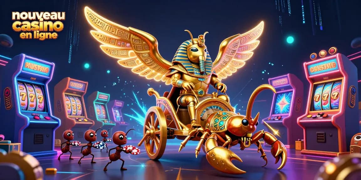 Illustration animée 3D représentant un nouveau casino en ligne avec un scarabée ornée dans un décor dynamique.
