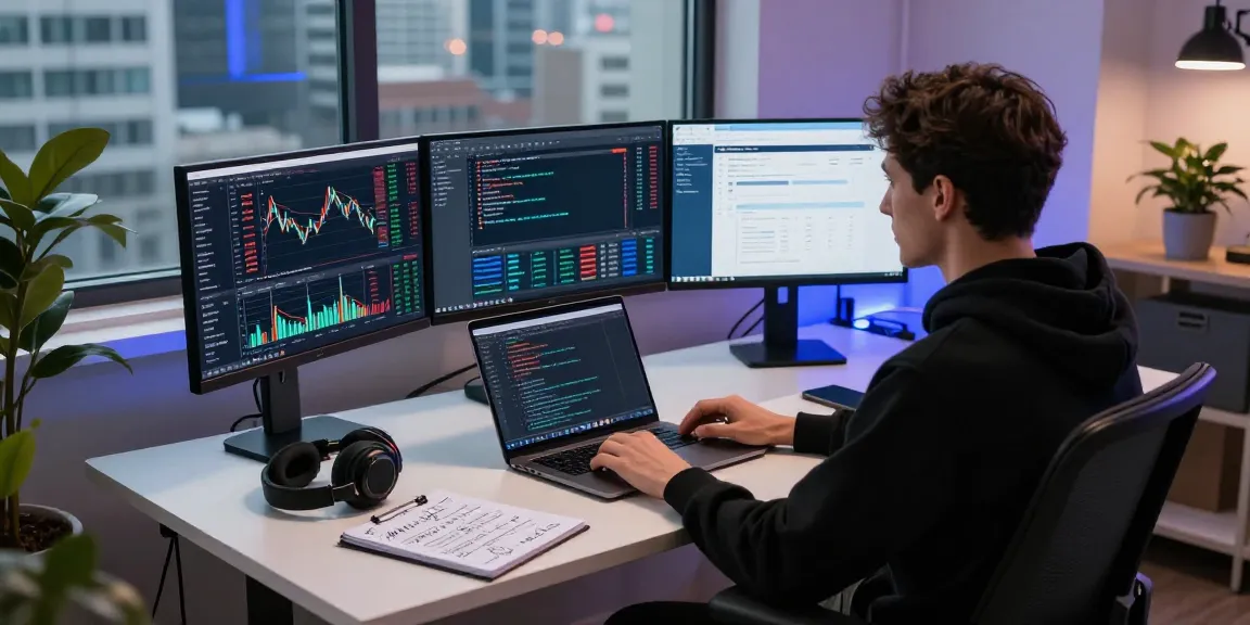 Developer analyzing global index real-time API data in a tech-focused workspace with vibrant visuals and monitors.