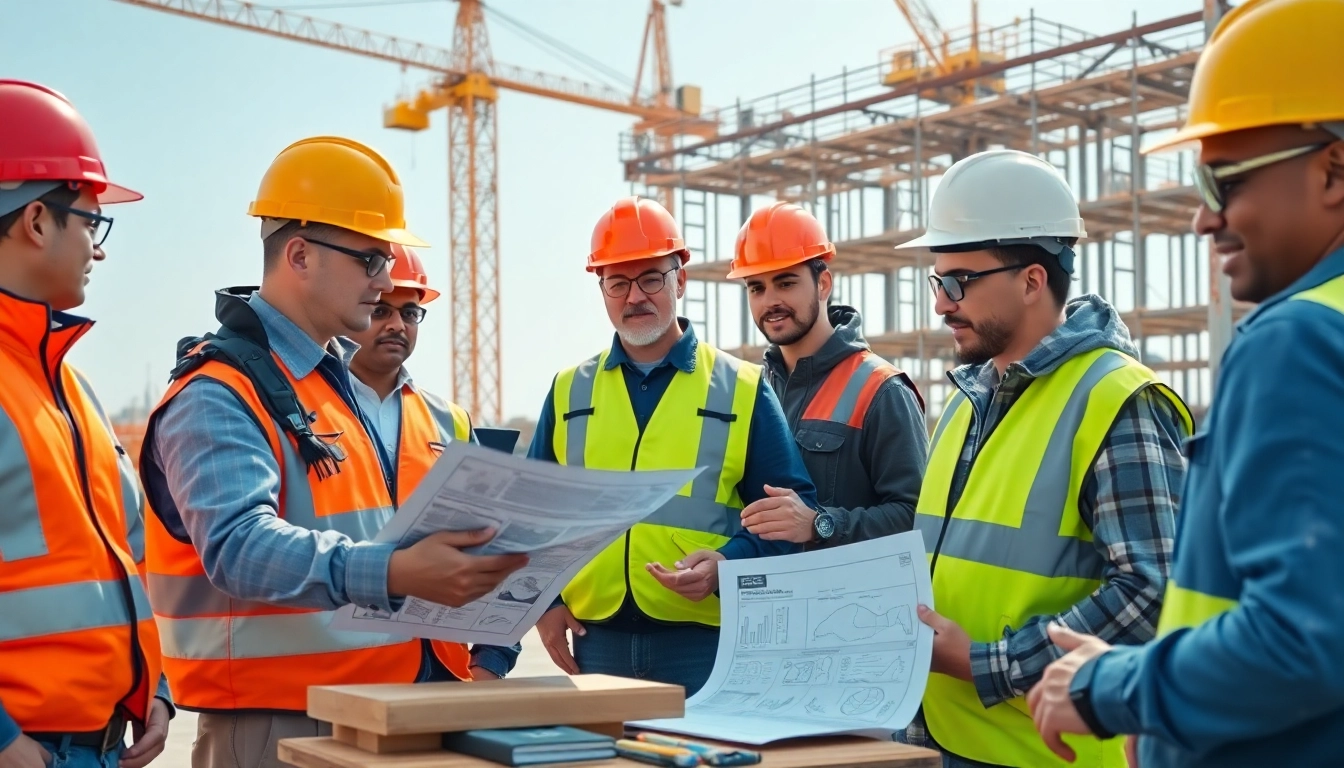 Construction safety training session with diverse workers demonstrating techniques and guidelines.