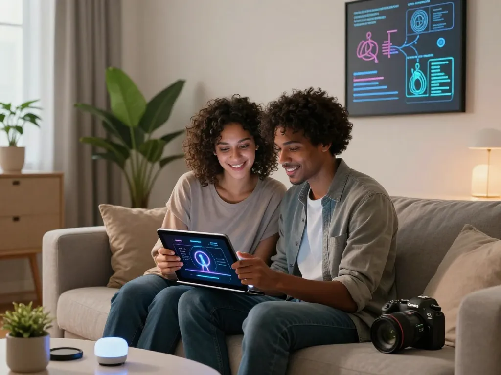 Innovative ai sex technology in an intimate space with a couple exploring AI-driven applications for sexual wellness.