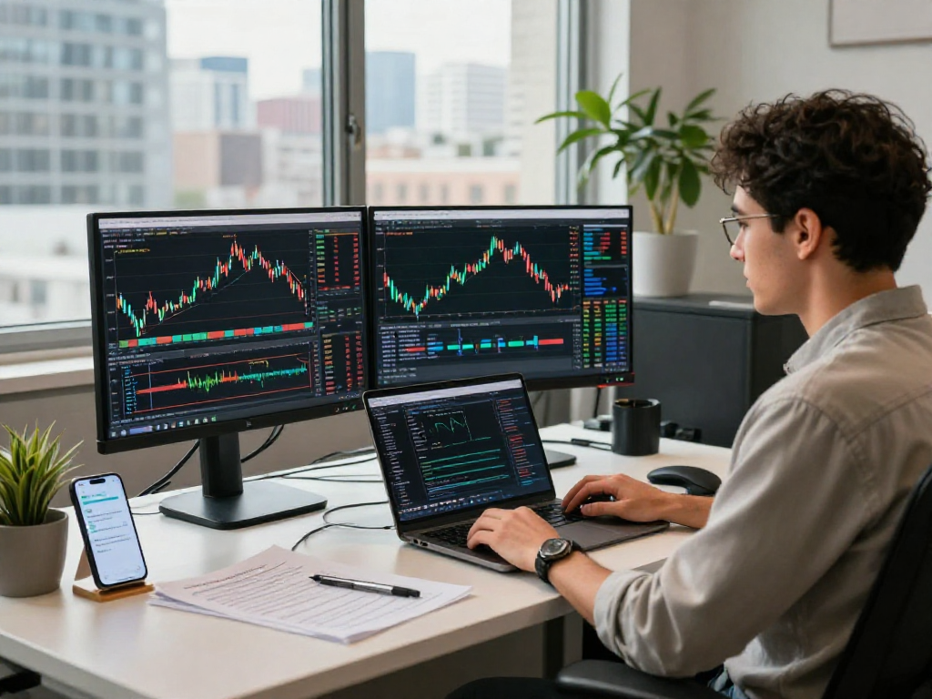 在TradingView官网使用专业工具的交易者在现代办公室中查看市场图表。