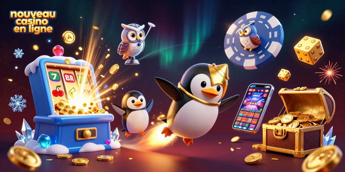 Une illustration 3D captivante du nouveau casino en ligne avec un pingouin doré voyageant vers un vaisseau spatial.