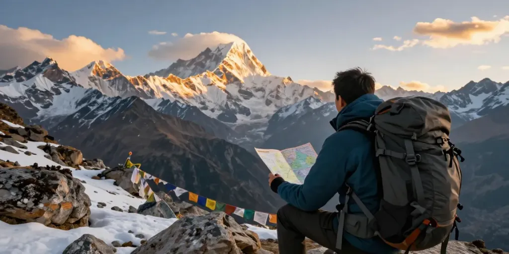 Manaslu Circuit Trek adventure traveler at scenic mountain viewpoint