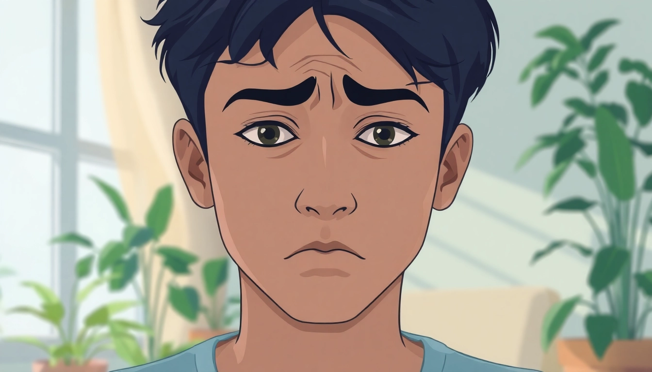 Anxiety symptoms depicted through a worried individual in a calming indoor environment.