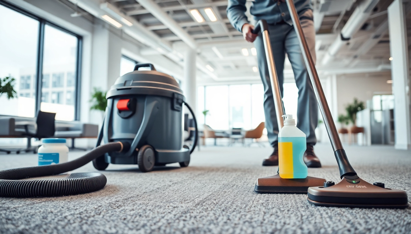 Technician performing commercial carpet cleaning in a bright office with modern furnishings.