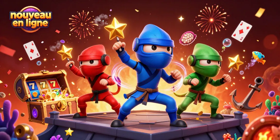 Découvrez le nouveau casino en ligne avec une illustration dynamique des ninjas caméléons et machines à sous colorées.