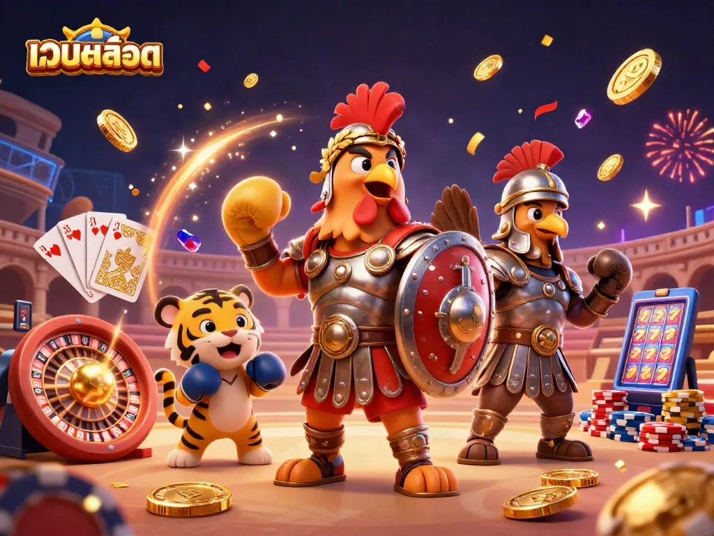 สนุกไปกับ เว็บสล็อต พร้อมภาพวาด 3D ของไก่กลาดิเอเตอร์และสัญลักษณ์คาสิโน