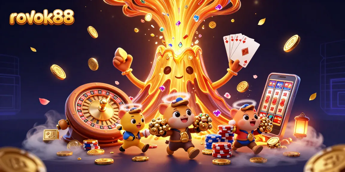 Engage with rokok88’s vibrant casino adventure featuring an erupting volcano of treasures.