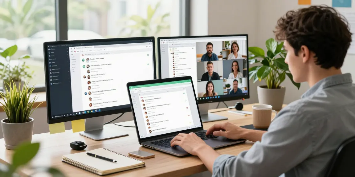 Engaging workspace featuring WhatsApp網頁版 on a laptop with vibrant office decor and natural light.